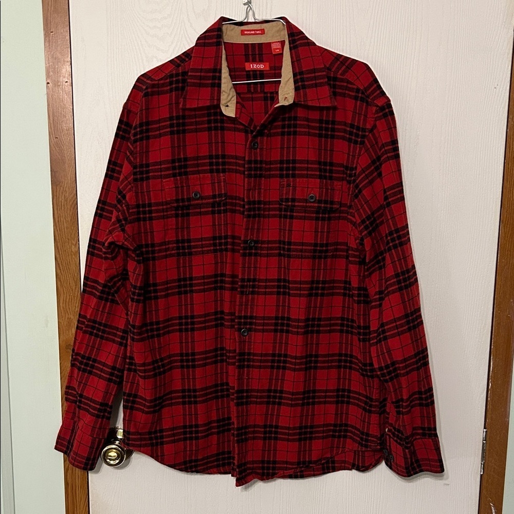 Izod Highland Twill Red and Black Plaid Shirt